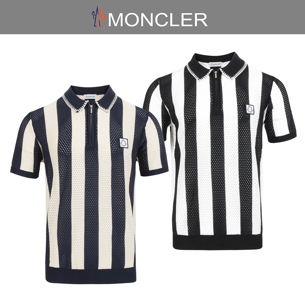 몽클레어 로고 스트라이프 반집업 쿨링 메쉬 탑 반팔 카라 니트