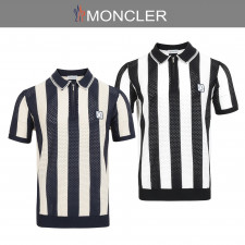 몽클레어 로고 스트라이프 반집업 쿨링 메쉬 탑 반팔 카라 니트