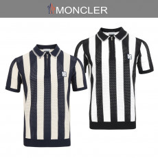 몽클레어 로고 스트라이프 반집업 쿨링 메쉬 탑 반팔 카라 니트