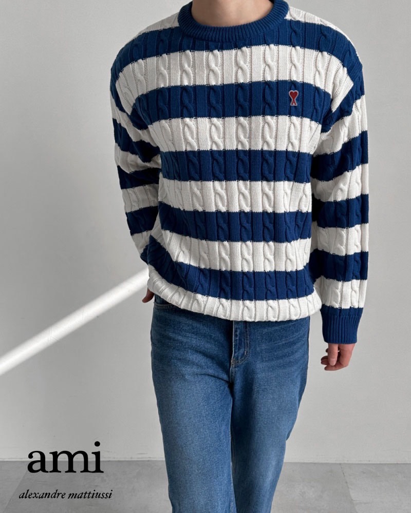 아미 스몰 하트 패치 폼 스트라이프 라운드 니트