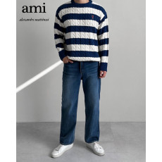 아미 스몰 하트 패치 폼 스트라이프 라운드 니트