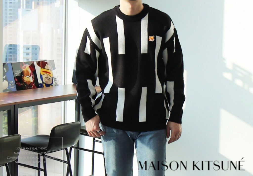 메종키츠네 스트라이프 라운드 니트