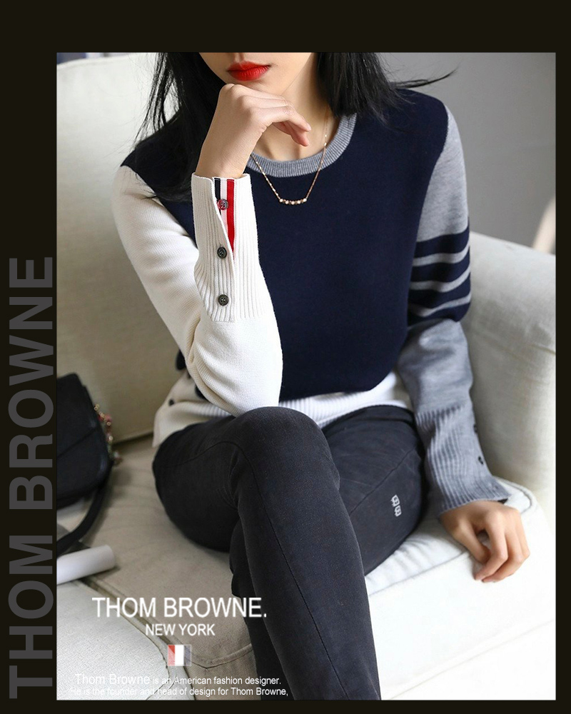 톰브라운 여성 9793 네이비 배색 라운드 니트