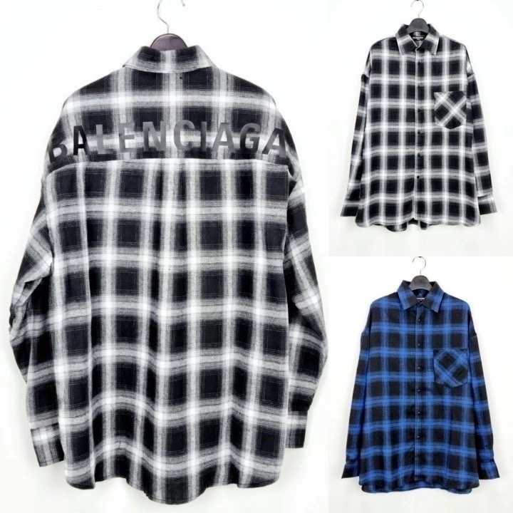 발렌시아가 백로고 오버핏 체크 셔츠