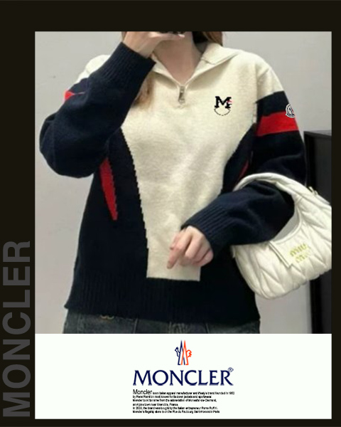 몽클레어 여성 C143-46 M 자수 3배색 반집업 니트