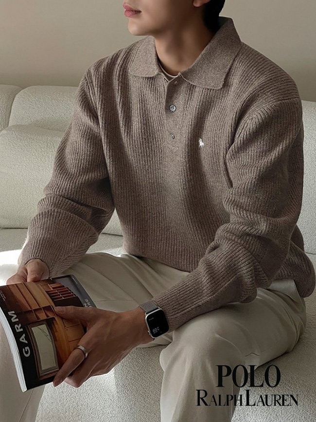 폴로 3색 버튼 하찌 단작 카라 니트