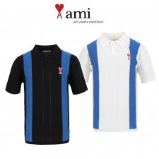 아미 블루 라인 카라 반팔 니트
