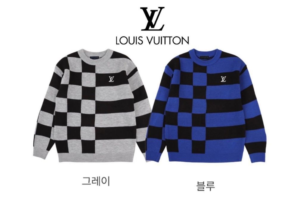 루이비통 다미에 자수 로고 배색 라운드 니트