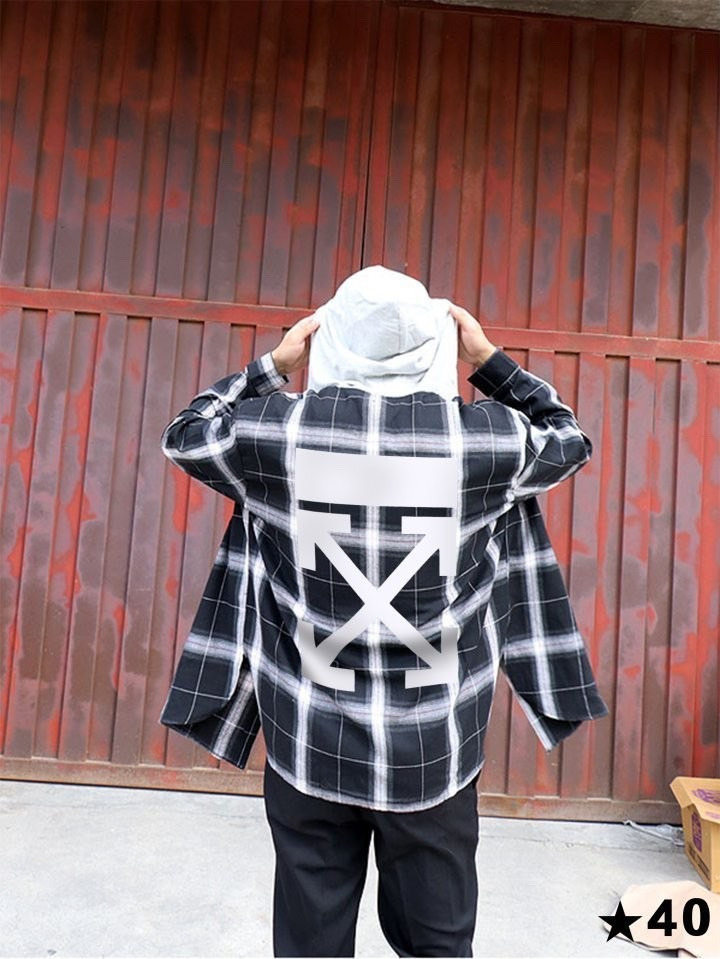 오프화이트 오버핏 후드 체크 셔츠