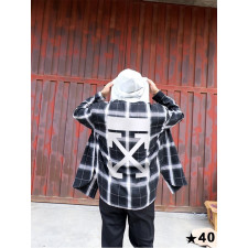 오프화이트 오버핏 후드 체크 셔츠