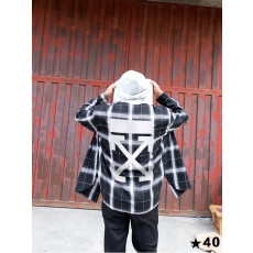 오프화이트 오버핏 후드 체크 셔츠