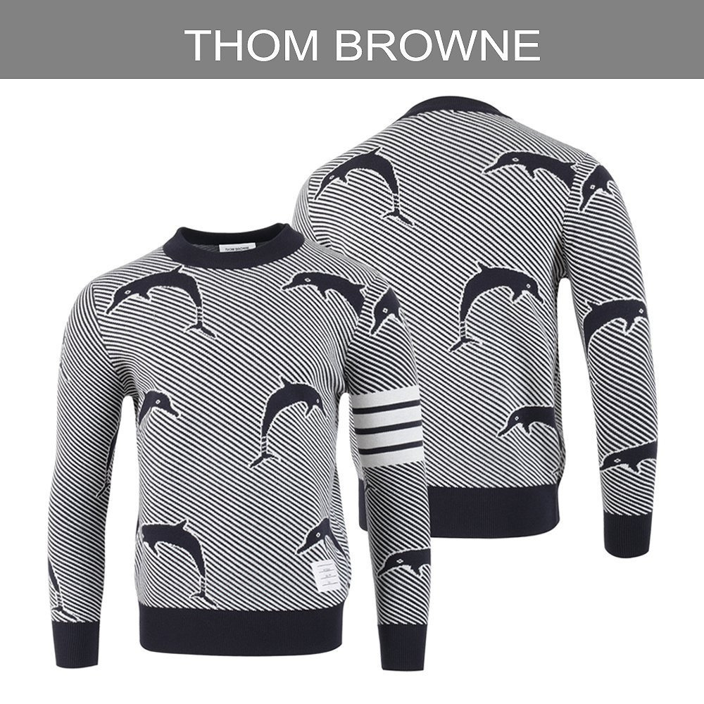 톰브라운 네이비 코튼 돌핀 자카드 램스울 니트