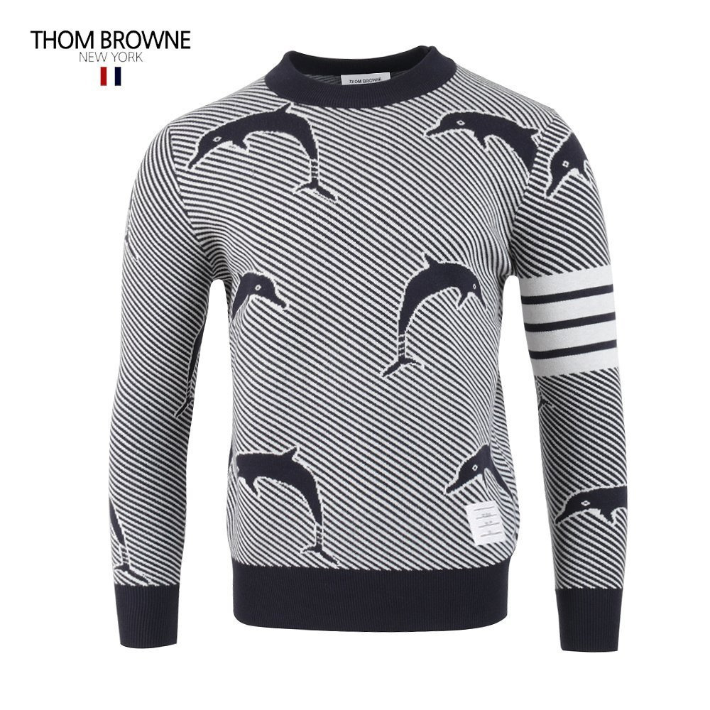 톰브라운 네이비 코튼 돌핀 자카드 램스울 니트