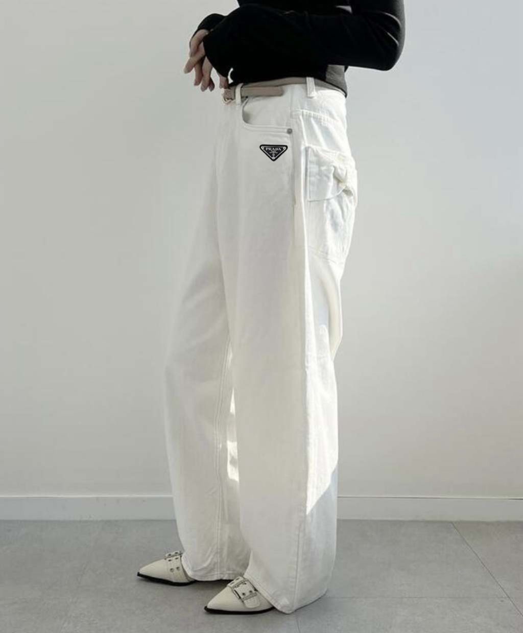 프라다 여성 리본 포켓 빅 와이드 코튼 팬츠 (바지)