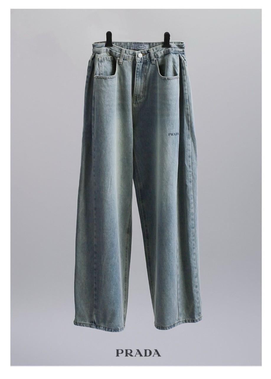 프라다 여성 드로우 와이드 데님 청바지
