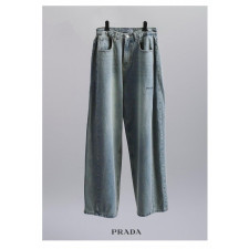 프라다 여성 드로우 와이드 데님 청바지