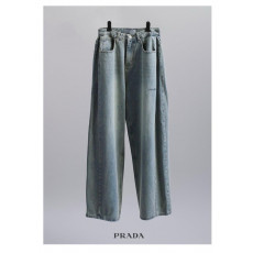 프라다 여성 드로우 와이드 데님 청바지