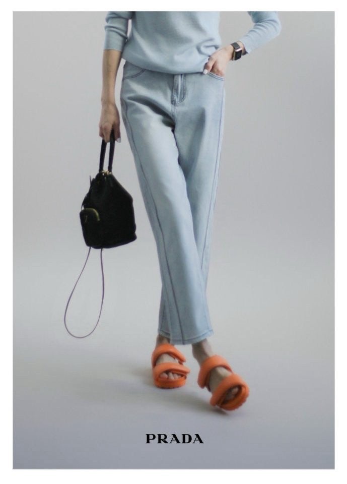 프라다 여성 베르사 9부 스티치 데님 청바지