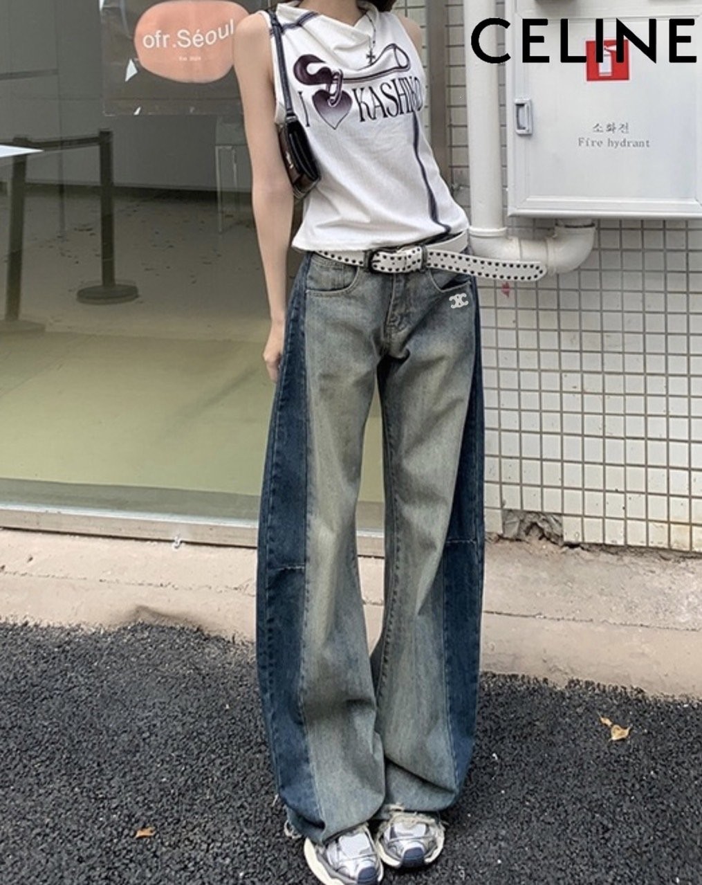 셀린느 여성 트리오페 배색 워싱 데님 청바지