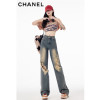 샤넬 여성 브러쉬 워싱 데미지 데님 청바지