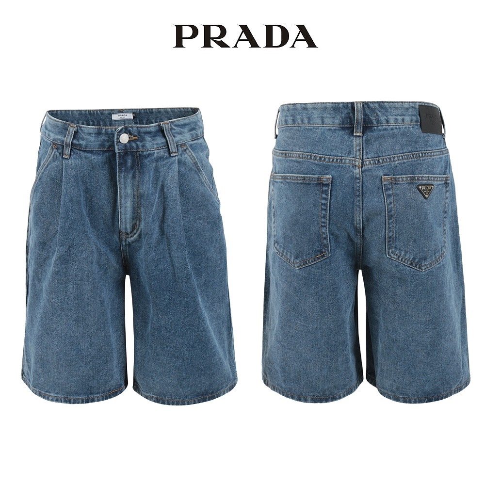 프라다 중청 핀턱 벌룬 6부 버뮤다 청 반바지