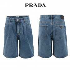 프라다 중청 핀턱 벌룬 6부 버뮤다 청 반바지