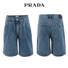 프라다 중청 핀턱 벌룬 6부 버뮤다 청 반바지