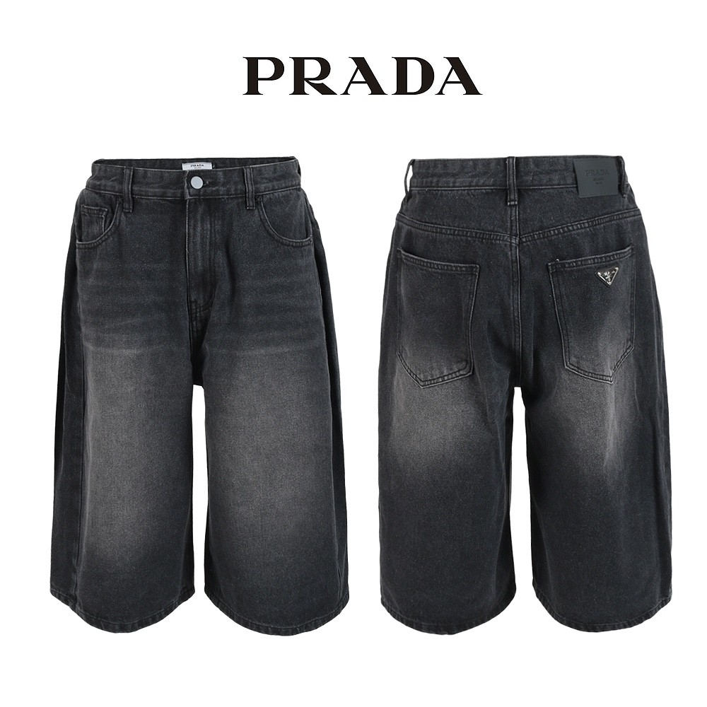프라다 블랙 8부 사이드 핀턱 버뮤다 청 반바지