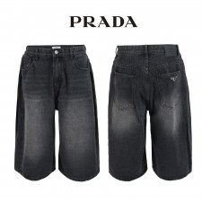 프라다 블랙 8부 사이드 핀턱 버뮤다 청 반바지