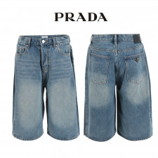 프라다 중청 8부 사이드 핀턱 버뮤다 청 반바지