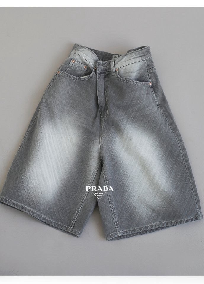 프라다 여성 워싱 그레이 데님 5부 청 반바지