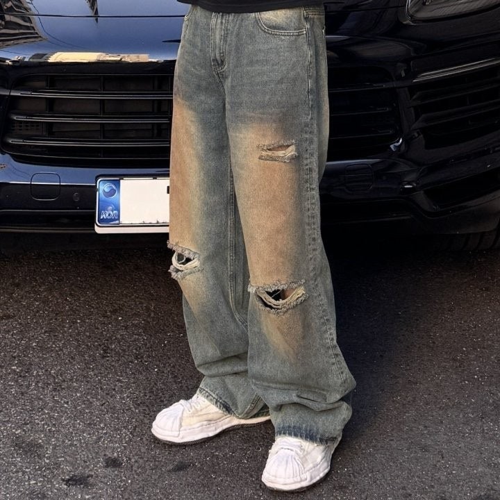 발렌시아가 컷팅 워싱 와이드 데님 청바지