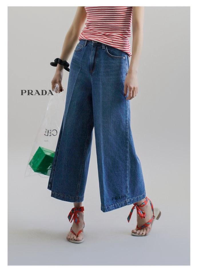 프라다 여성 8부 와이드 데님 청바지