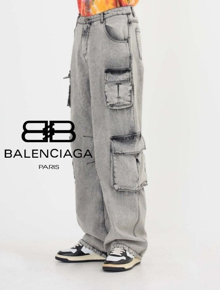 발렌시아가 그레이 워싱 카고 청바지