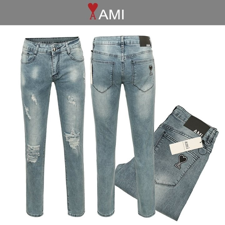 아미 블랙 하트 데미지 덧댐 슬림진 청바지