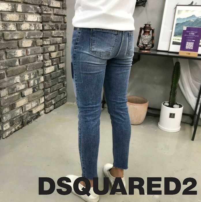 디스퀘어드2 언발란스 배색 테이핑 워싱 중청진 청바지