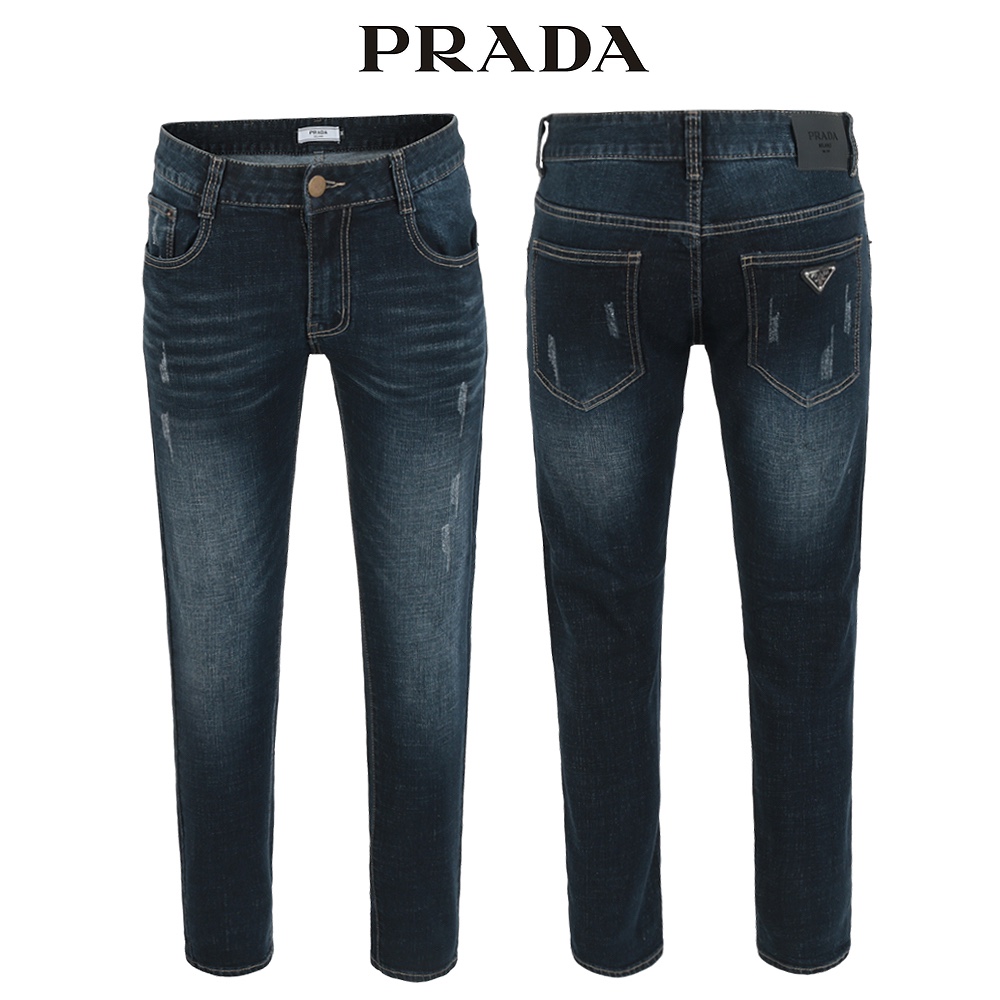프라다 진청 스크래치 워싱 슬림 청바지