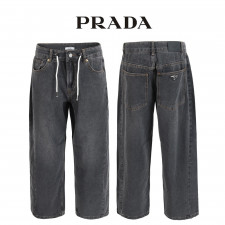 프라다 블랙 스트링 스토퍼 데님 와이드 청바지