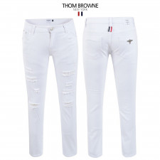 톰브라운 화이트 구제 슬림 일자 청바지