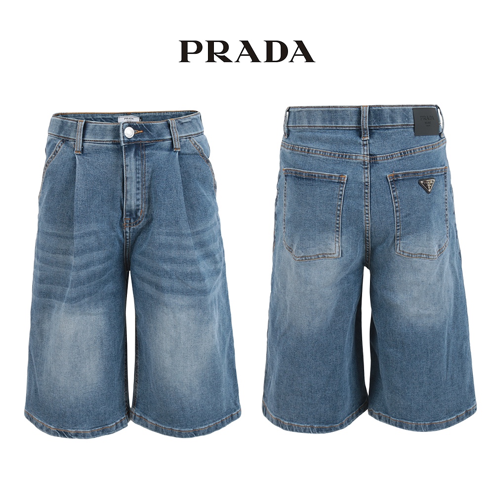 프라다 중청 핀턱 히든밴드 6부 버뮤다 청 반바지
