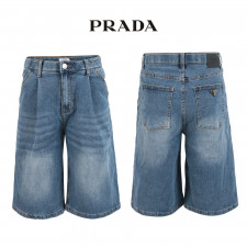 프라다 중청 핀턱 히든밴드 6부 버뮤다 청 반바지