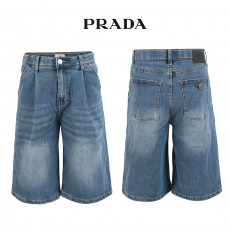 프라다 중청 핀턱 히든밴드 6부 버뮤다 청 반바지