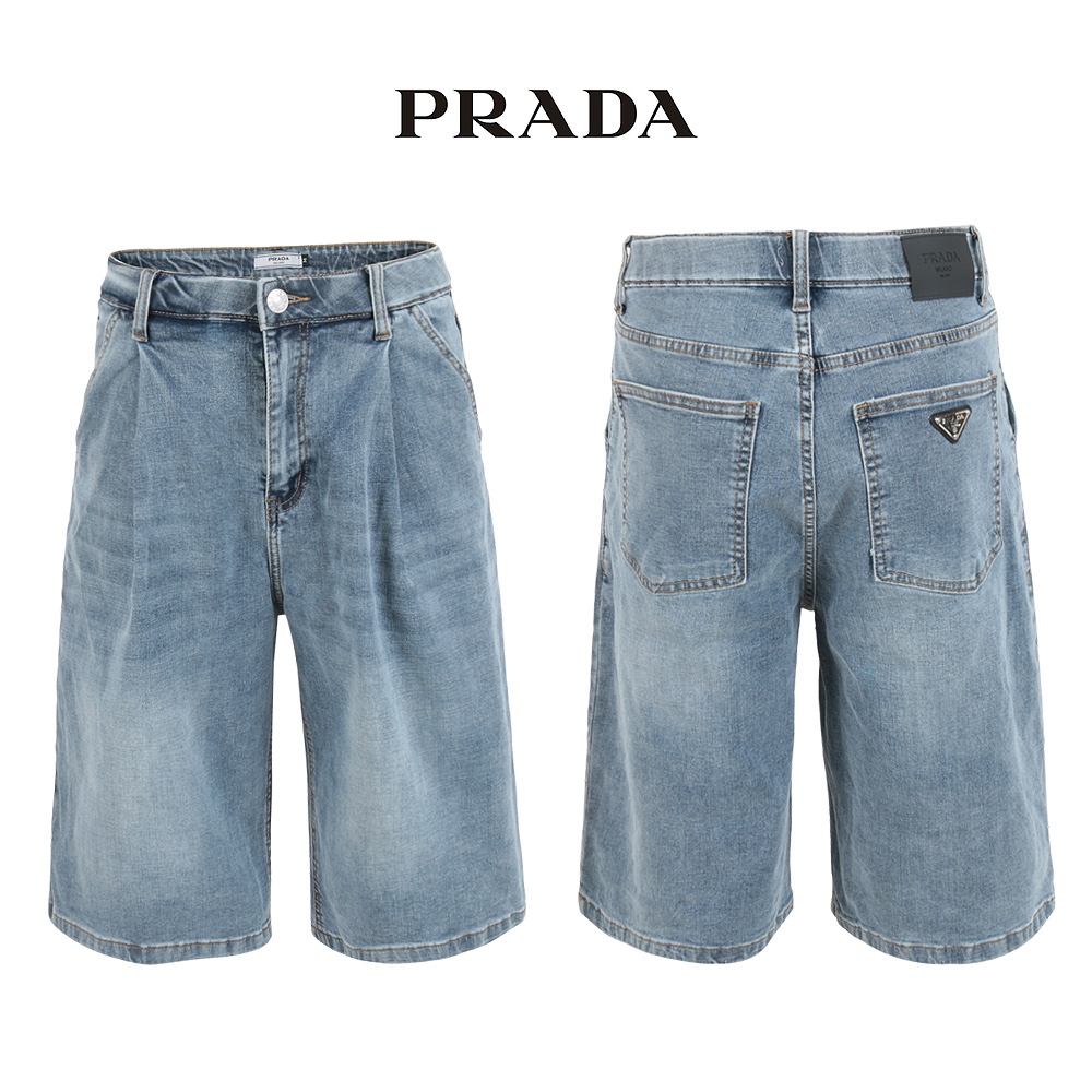 프라다 연청 핀턱 히든밴드 6부 버뮤다 청 반바지