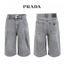 프라다 그레이 핀턱 히든밴드 6부 버뮤다 청 반바지
