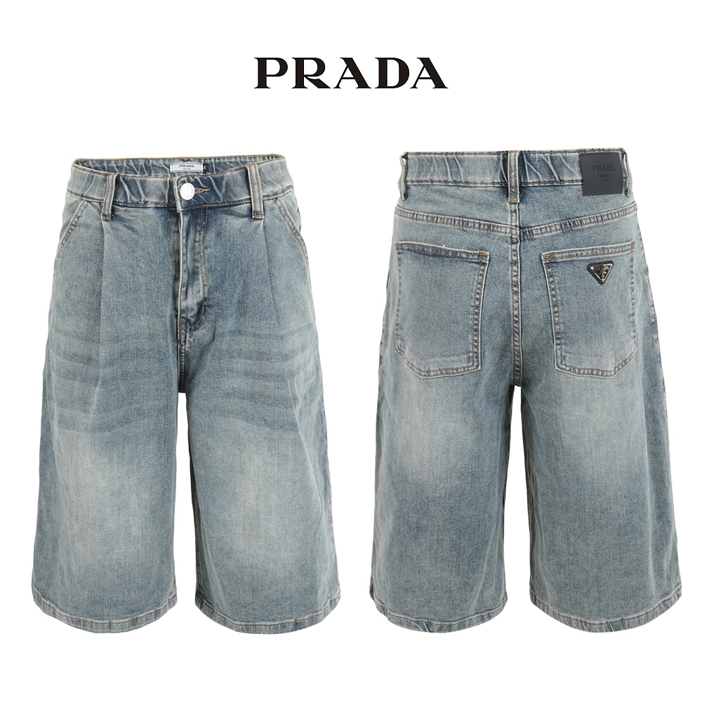 프라다 틴청 핀턱 히든밴드 6부 버뮤다 청 반바지