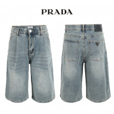 프라다 틴청 핀턱 히든밴드 6부 버뮤다 청 반바지