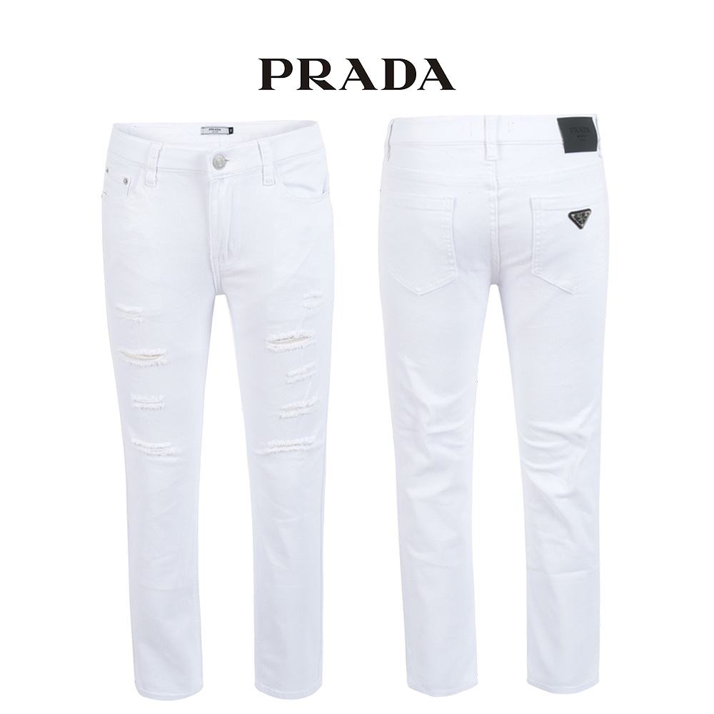 프라다 화이트 구제 슬림 일자 팬츠 (바지)