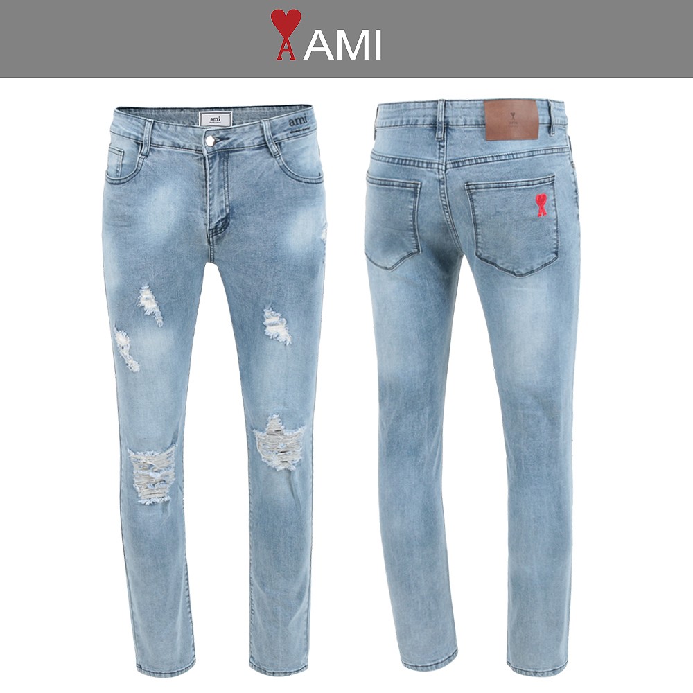 아미 드 꾀흐 레터링 데미지 워싱 슬림진 청바지