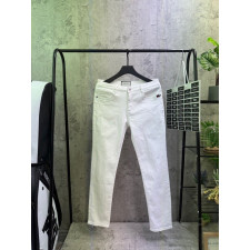 구찌 레더탭 스틸 로고 화이트 슬림진 바지