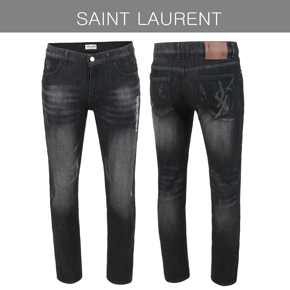 입생로랑 레터링 자수 빅로고 융기모 흑청 슬림진 청바지